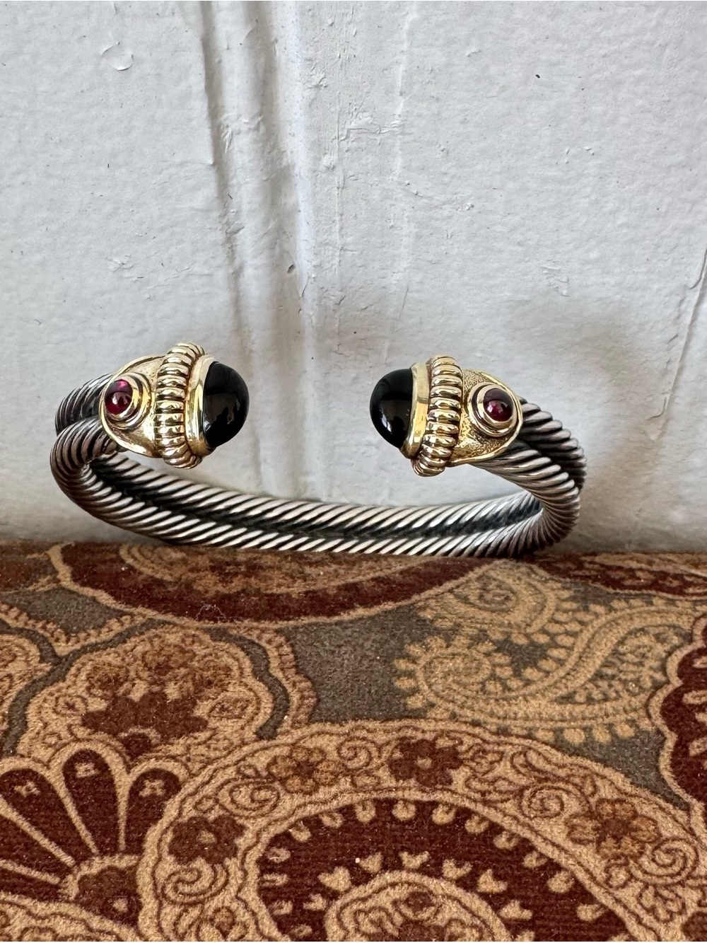 David Yurman Sterling Twist Cuff Bracelet with Black Onyx and Ruby Accent